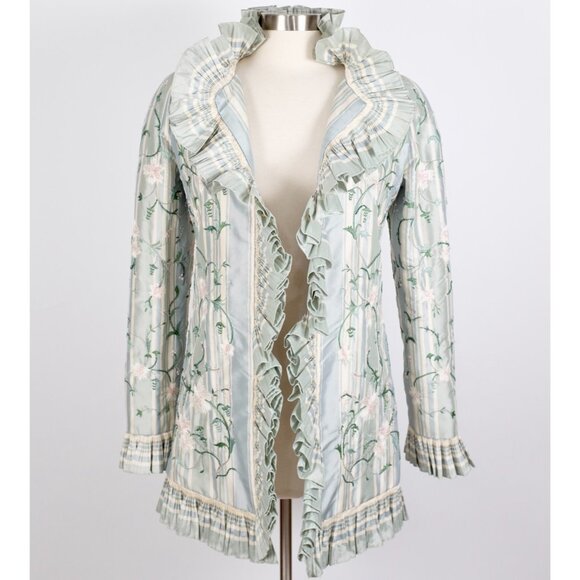 Vintage Oscar de la Renta silk jacket sz Small ruffle floral embroidered beaded